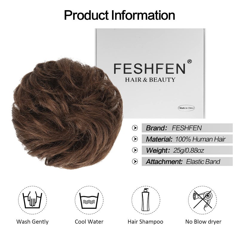 FESHFEN Human Messy Buns - 100% Human Hair Bun Real Scrunchies Hair Pieces Ponytail Extensions Wavy Tousled Updo Chignon Hairpieces for Women, Medium Chestnut Brown - Image 5